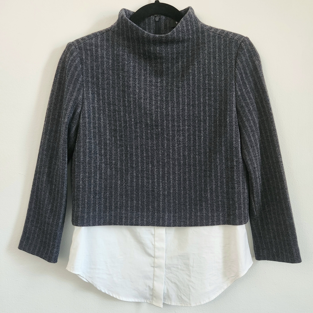 Theory Layered Look Cropped Striped Mockneck Sweater White Oxford Buttondown Top